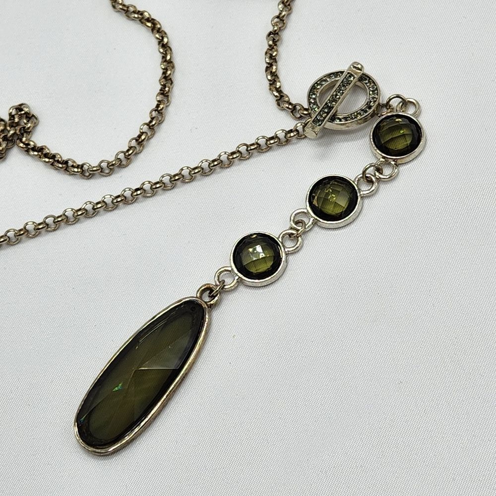 🔺️Silver Tone Chain & Green Beaded Drop Necklace - Picture 15 of 16